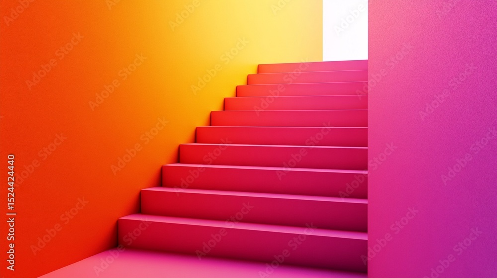 Obraz premium Vibrant gradient stairs leading to a bright exit, symbolizing ascension and hope, perfect for abstract, architectural, or motivational themes in design projects.
