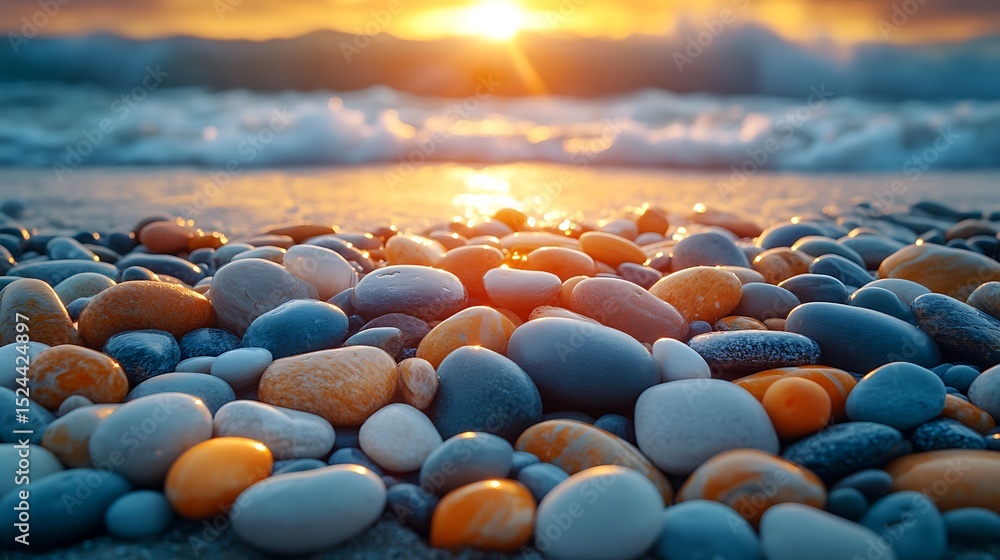 Obraz premium Colorful pebbles on beach at sunrise