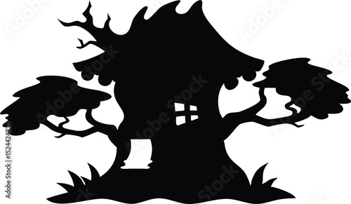 Haunted Tree House Silhouette with Spooky Branches and Windows
