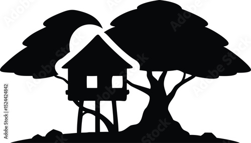 Treehouse Silhouette with Ladder and Large Canopy Tree at Sunset