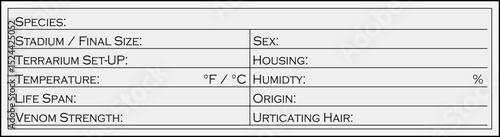 Terrarium label, spider label name and all information about the animal keeping and care. Spider stickers, Spider data stickers for terrarium.