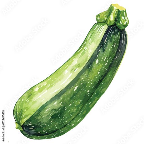 Watercolor Zucchini with Pale Speckles and Yellow Stem Detail