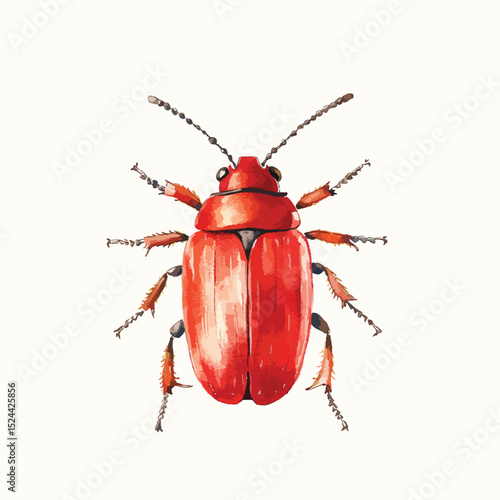 Watercolorstyle red beetle with segmented legs and antennae facing forward