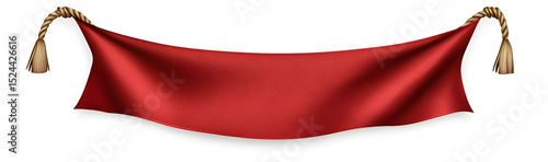A red banner with a brown rope hanging from it. The banner is hanging from the ceiling and is red in color