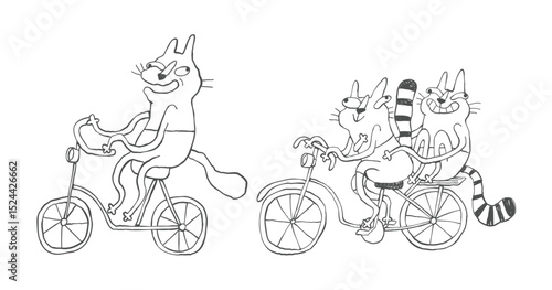 Sarcastic Bike-Riding Cats in Comic Sketch Style with Ironic Summer Mood