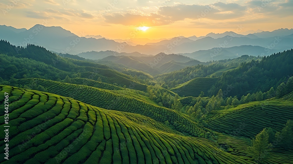 Sunrise over tea plantations Sunrise over tea plantations
