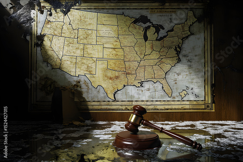 A wooden gavel sits on a table next to a map of the United States. The gavel is being used to symbolize the power of the law and the authority of the court
