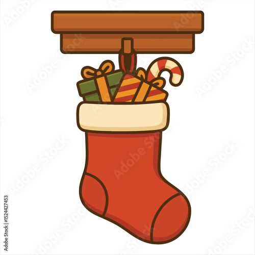 Christmas stocking filled with presents and candy cane hanging from a fireplace mantel