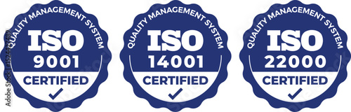 Foto ISO 9001, 14001, 22000 Certified Emblems Set – Monochrome QMS Standard Vector Ic
