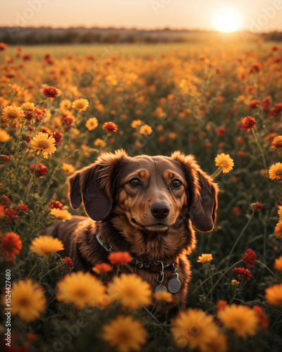 Dachshund em Um Campo de Flores 