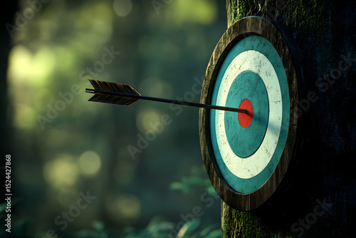 A wooden target with a red bullseye and a single arrow pointing to it. Concept of focus and determination, as the arrow is the only thing that is not obscured by the surrounding foliage