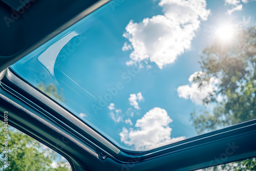 A car window with a clear blue sky and clouds. The sun is shining through the window, creating a warm and inviting atmosphere