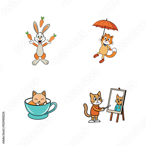 Adorable Cartoon Animals Bunny, Cats Engaging in Fun Activities