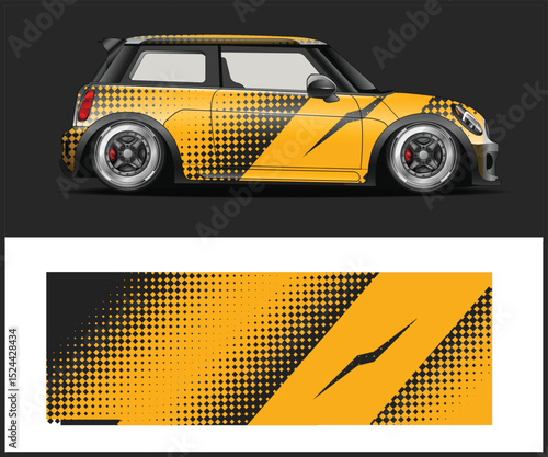 Mini Cooper Car Wrap Design with Yellow and Black Halftone Pattern
