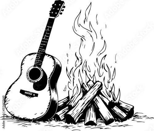 Campfire acoustic guitar jam session outdoor gathering music experience night setting intimate atmosphere connection and relaxation
