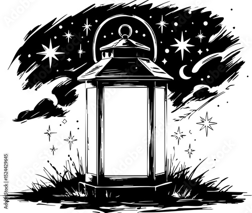Enchanting lantern under starry night sky mystical setting black and white magical environment artistic perspective