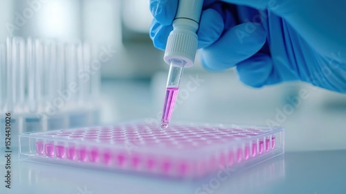 biotechnology laboratory and cell culture with medical innovation. Gloved hands pipetting solution into multiwell plate, live cell culture experiment in progress