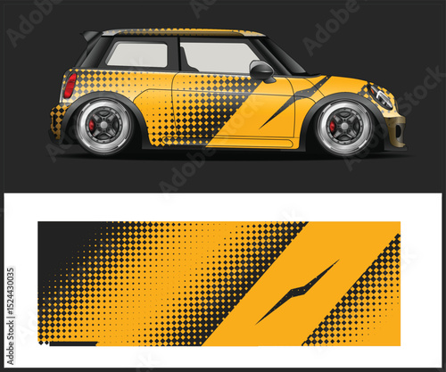 Mini Cooper Car Wrap Design with Yellow and Black Halftone Pattern