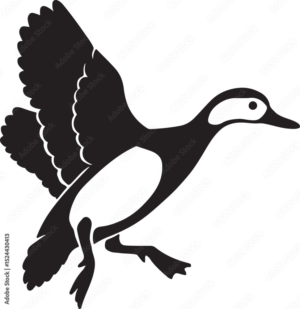 Fototapeta premium Flying duck taking flight silhouette, Water bird in motion black drawing
