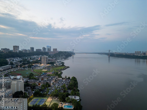 Aerial Views of Fort Lee, New Jersey with Manhattan Skyline and Hudson River at Sunset