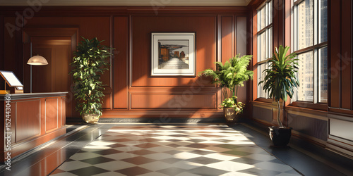 Fototapeta Naklejka Na Ścianę i Meble -  A large room with a wooden desk and a window