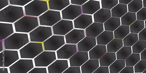 Dark hexagon abstract technology background with blue and pink colored bright flashes under hexagon. Hexagonal gaming vector abstract tech background.