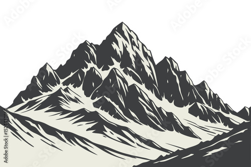 Dramatic black and white illustration of majestic mountains against a clean white background