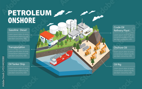 Oil Energy: Onshore Operations and Refining Systems in Isometric graphic