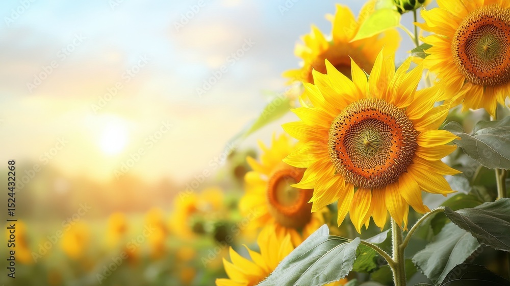 Obraz premium AI Image. Banner with sunflowers against blur sky with copy space
