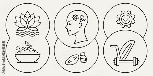 Wellness and Self-Care Line Icon Set – Thin Linear Vector Pictograms of Mental Health, Meditation, Fitness, and Relaxation

