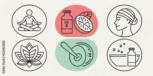 Wellness and Self-Care Line Icon Set – Thin Linear Vector Pictograms of Mental Health, Meditation, Fitness, and Relaxation

