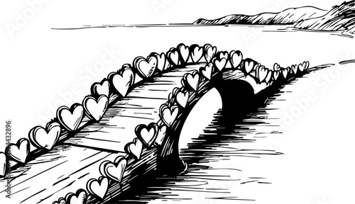 Romantic heart-shaped bridge scenic river tranquil environment artistic viewpoint love