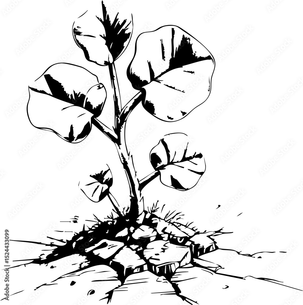Fototapeta premium Growth of a resilient cotton plant breaking through cracked soil natural environment artistic close-up view symbolizing hope and life