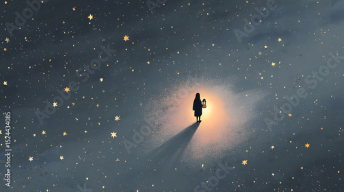 A solitary figure with a lantern walks amidst a breathtaking starry night sky, embodying hope and wonder.