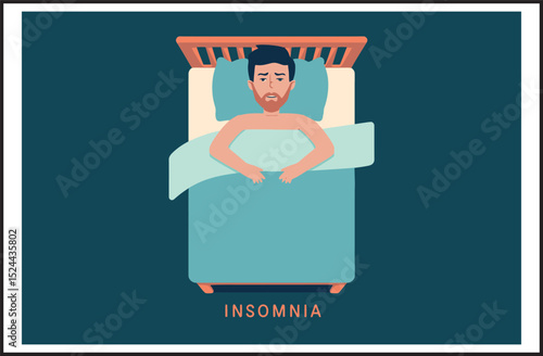 Insomnia Sleepless Man in Bed - Sleep Disorder Vector Illustration