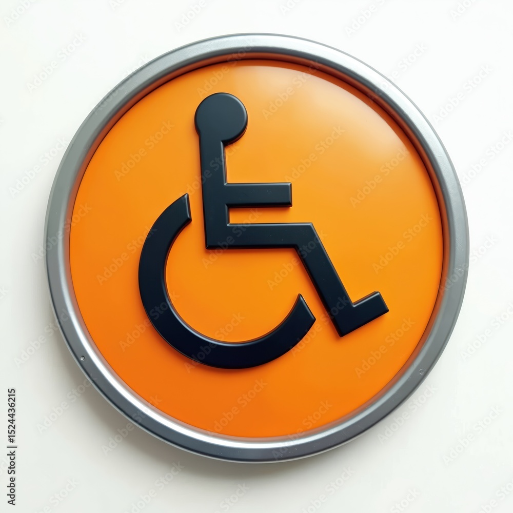 Orange accessibility symbol with wheelchair icon, black on orange background. Design provides equal access for disabled people, representing inclusion, support, diversity in community. Round metal Orange accessibility symbol with wheelchair icon, black on orange background. Design provides equal access for disabled people, representing inclusion, support, diversity in community. Round metal