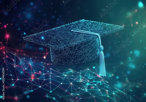 Abstract digital art of an open graduation cap made from glowing lines and dots, floating above a network grid on a dark blue background, power to shape your future through education Generative AI