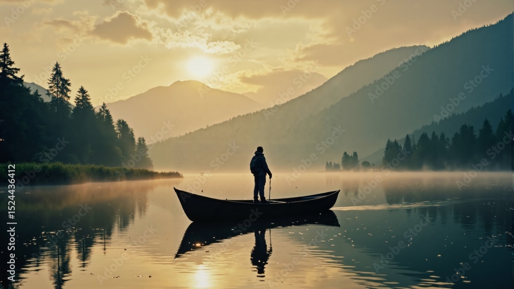 Fototapeta premium Young Adult Man Standing in Canoe on Lake Surrounded by Mountains at Sunrise