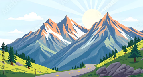 road in hills, scenic mountain road, cartoon mountain path, curvy road in mountains, hill road vector, mountain landscape with road, cartoon valley road, forest mountain road, mountain trail illustrat