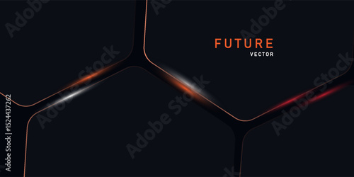 Dark hexagon abstract technology background with orange and white colored bright flashes under hexagon. Hexagonal gaming vector abstract tech futuristic wide banner.