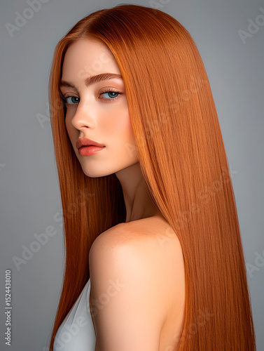 with well-groomed fiery red hairstyle on plain background. Woman with straight hair for design