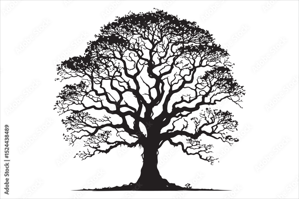 Fototapeta premium Majestic Oak Tree Silhouette Black and White Illustration