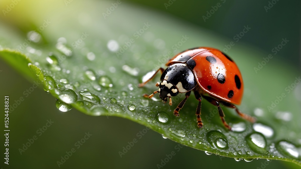Obraz premium Ladybug on a leaf: A macro shot reveals a charming ladybug, its vibrant red shell dotted with black spots, gracefully perched on a dew-kissed leaf.