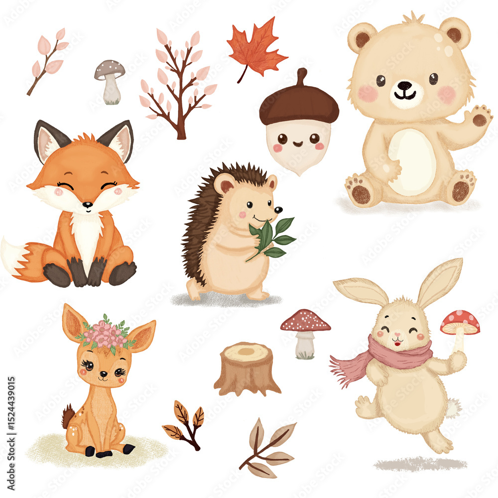 Fototapeta premium Woodland Animal Clipart Set – Cute Forest Animals PNG Bundle 