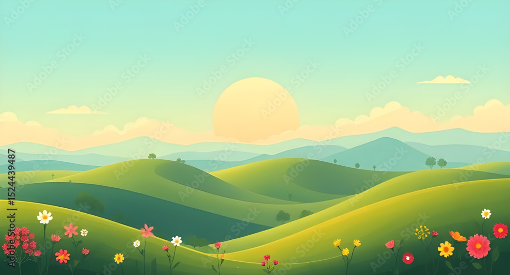 Obraz premium Scenic countryside, Cloudy blue sky, Vast green meadow, Wide open landscape, Rural field background, Grassland vector, Horizon over meadow, Farm meadow illustration, Sky panorama, Pastoral landscape, 