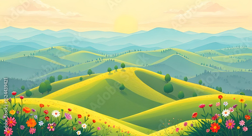 green landscape, summer scenery illustration, summer panorama, summer sky, summer trees, summer valley, lush green field, summer nature scene, summer background, summer scenery vector, summer farmland
