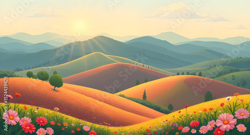 summer scenic landscape, summer environment, summer farmland vector, summer hill illustration, summer plain, summer nature illustration, summer farm field, summer landscape clipart, summer scenic vect