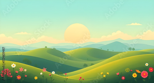 Scenic countryside, Cloudy blue sky, Vast green meadow, Wide open landscape, Rural field background, Grassland vector, Horizon over meadow, Farm meadow illustration, Sky panorama, Pastoral landscape, 