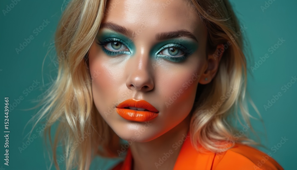 Fototapeta premium Attractive model with vibrant makeup, bold lip color posing in studio. Glamorous beauty portrait with colorful eyeshadow, perfect skin, blond hair. Fashion concept for cosmetics, beauty ads.