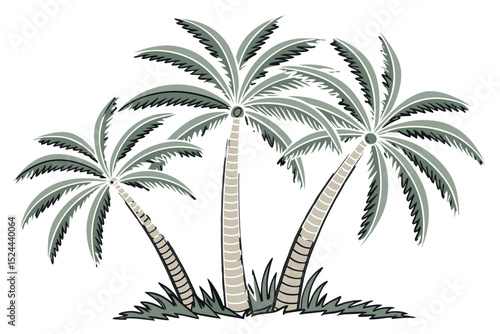 Stylized illustration of three palm trees against white background in a tropical setting